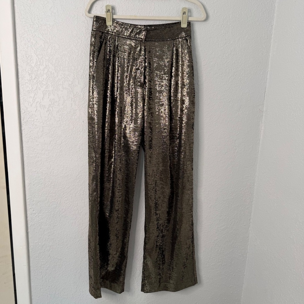 French‎ Connection Metallic Gold Pleated Wide Leg Trousers High Waist Pants US 6